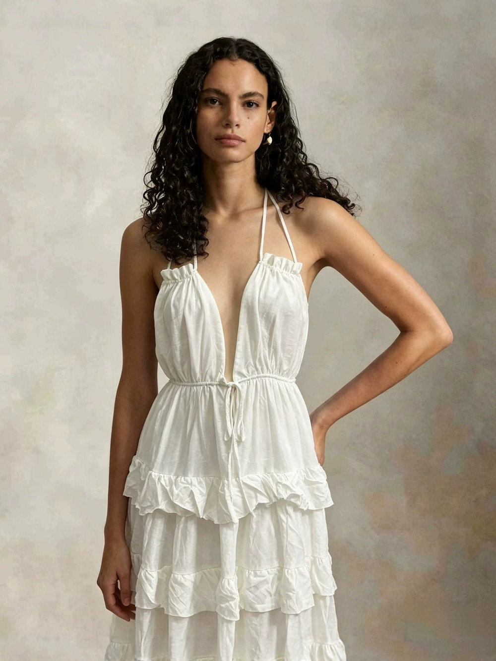 Zara Resort White Halter Backless Tiered Ruffle Dress
